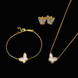 V&AF 18K Gold Fashion Classic Sweet 4 Four Leaf Clover Butterfly Bracelet Earrings Necklace Jewellery Set for S925 Silver Van Women&2123