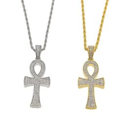 Egyptian Ankh Key of Life Gold Silver Cross Pendant Necklace Chain Bling Full Rhinestone Crystal Cross Pendant Punk Jewelry249o