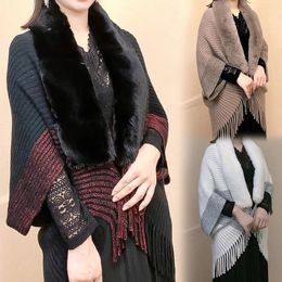 Scarve Winter Knitted Shawl With Faux Fur Collar Fringe Sweater Ponchos Long Fashion Warm Wraps Elegant Batwing Cardigan Cape Top 231204