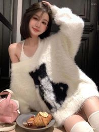 Women's Sweaters Pure Sexy Sweet Girl Mohair Bow Sweater Autumn And Winter Loose V-neck Knitted Pullover Top Fashion Female Clothes