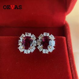 OEVAS Vintage 100% 925 Sterling Silver Created Moissanite Ruby Gemstone Birthstone Ear Stud Earrings Sparking Fine Jewelry Gifts285b
