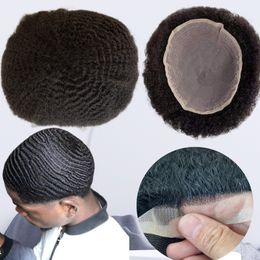 6mm Afro Wave Toupee #1b Black Color Human Hair Replacement Full Lace Unit for Black Men
