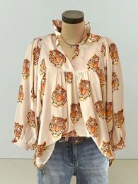 Women's Blouses Shirts Woman Classic Tiger Print Holiday Hawaiian Beach Pleated Top Chain Tassel Vneck 231204