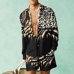 Men's Tracksuits 3D Leopard Print Men Beach Suits Long Sleeve Lapel Shirts And Shorts Two Piece Set 2023 Fashion Hawaiian Casual Loose