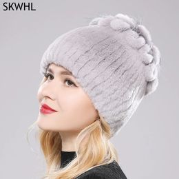 BeanieSkull Caps Russia Winter Real Fur Beanies Hat Women 100% Genuine Real Rex Rabbit Hat Good Elastic Knitted Rex Rabbit Fur Caps 231205