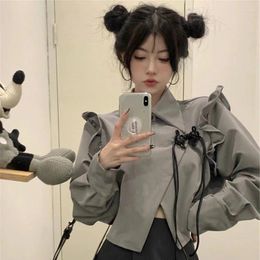 Women's Jackets Chinese Style Ruffles Turn Down Collar Irrgular Grey Long Sleeve Sweet Women Outerwear Y2k Short Coats Crop Tops