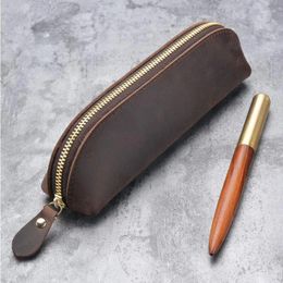 Retro Leather Pencil Bag Stationery Holder Pen Case Storage Zipper Coin Pouch Box School Office Business Supplies Gift