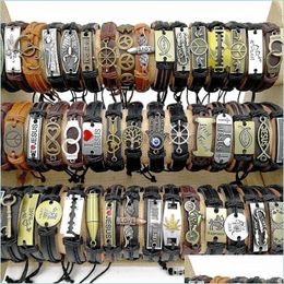 Bangle Fashion 30Pcs/Lot Weave Leather Bangles Mix Styles Black Brown Metal Handmade Retro Cuff Bracelets Fit Mens And Womens Charm Je Dhonp