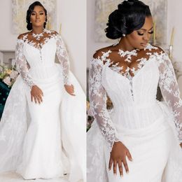 Plus Size Modest Mermaid Wedding Dresses Long Sleeves Lace Bridal Gowns Dress With Detachable Train Elegant Gowns for Bride African Black Women Country Style D059