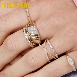Wedding Rings 100% 925 Sterling Silver Thick Twisted Signet Chunky Dome Ring Gold Color Clear CZ Paved Stacking Band Rings Women Jewelry 231205