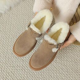 Dress Shoes Winter Women Loafers Cow Suede Leather For Round Toe Low Heel Black Pumps Warm Wool Zapatos Mujer