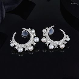Stud Earrings 925 Sterling Silver Pearl Cubic Zirconia Star Moon Earring Elegant Designer Women Wedding Jewelry251u
