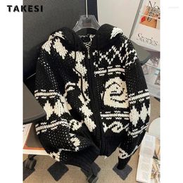 Women's Knits Vintage Knitting Long Sleeve Zipper Hooded Cardigans 2023 Winter Fashion Casual Loose Fit Geometric Print Sweater