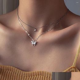 Pendant Necklaces Pendant Necklaces Fashion Shiny Butterfly Necklace For Women Exquisite Double Layer Clavicle Chain Rhinestone Party Dhaty