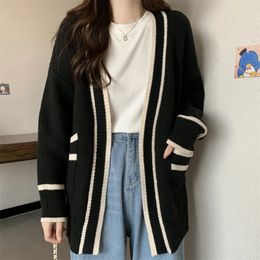 Womens Sweaters Varsity Cardigan Long Sleeve VNeck OpenFront Knit Jacket for Women Preppy Style 231204