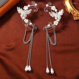 Backs Earrings Bride Butterfly Hollow Out Elf Ear Hook Chain Tassel Fairy Earhook Rhinestone Imitation Pearl Retro Wedding Jewellery