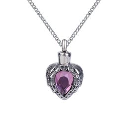 Urn Necklace Purple Birthstone Wing Heart Pendant Memorial Ash Keepsake Cremation Jewellery Stainless Steel With Gift Bag and Chain2673