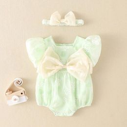 Rompers Baby Girls Bowknot Princess Romper Born Bubble Sleeve Bodysuit Summer Floral Print Jumpsuit Sunsuit Headband 2Pcs Outfits