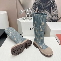 HOT designer boots x-letter Women Denim Blue denim Knee Boot high Shoes Platform Heel Leather Winter Fall Riding Cowboy booties Heel height 5cm
