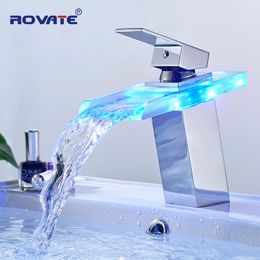 Other Faucets Showers Accs ROVATE LED Basin Faucet Brass Waterfall Temperature Colors Change Bathroom Mixer Tap Deck Mounted Wash Sink Glass Taps 231204