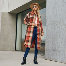Women Plaid Shirt Blouse Autumn Windbreaker Casual Loose Pocket Long Sleeve Thick BF Oversized Female Jacket Coat Tops Outwear Outfits Blusa