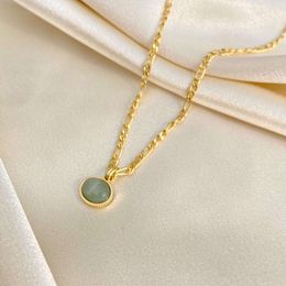 Grüne Aventurine Jade Round Anhänger Figaro Kette Edelstahl Halskette Ohrringe Set Vintage Gold Plated Schmuck für Frauen