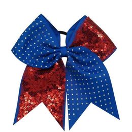 8pcs 7'' Solid Sequins Rhinestone Boutique Grosgrain Ribbon Cheer Bow With Elastic Hair Bands For Cheerleading Girl Hair247L