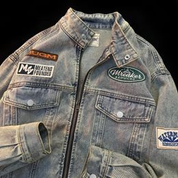 Men's Jackets American Embroidery Decoration Standing Collar Denim and Women's Jacket Retro Hip Hop Washed Old Loose Motorcycle Clothing 231205