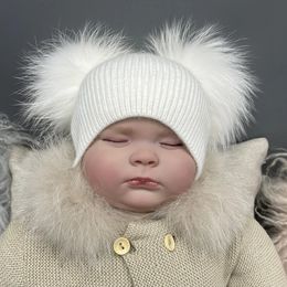 Caps Hats MISSJANEFUR Winter Angora Knitted Hats Infant Baby Cute Double Pom Beanie Hat Toddler Wholesale Kid Children Warm Caps 231123