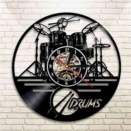 Guitar Drums Set Silhouette LED Backlight reloj Music Modern Vinyl Watch 3d Wall Clock horloge Band Member Fan Handmade Gift 21040222Z