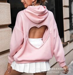 Women's Hoodies Women's sports shirt fashionable and casual rhinestone decoration open back long sleeved hoodie with a hollow top pull out 231205