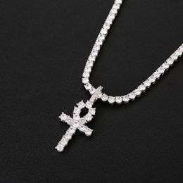 Iced Out CZ Key of Life Egypt Cross Pendant Necklace 4mm Tennis Chain SGold Silver for Men Hiphop Jewelry2551
