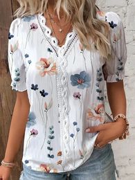 Women's Blouses Shirts Elegant Blouse Printed Short Sleeve 2023 Summer Office LadyV Neck Lace Panel Shirt SXXL 231204