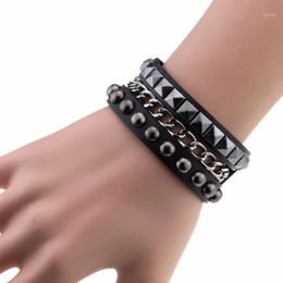 Charm Bracelets 2021 Fashion Multilayers Rock Spikes Rivet Chains Gothic Punk Wide Cuff Leather Bracelet Bangle For Women Men Jewe277B