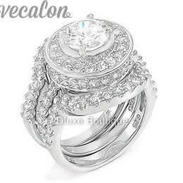 Vecalon fashion ring Simulated diamond Cz 3-in-1 Engagement Band Wedding Ring Set for Women 10KT White Gold Filled finger ring2075