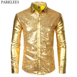 Men's Casual Shirts Men's Disco Shiny Gold Sequin Metallic Design Dress Shirt Long Sleeve Button Down Christmas Halloween Bday Party Stage Costume 231205