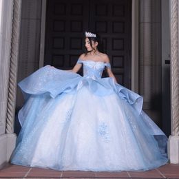 Sky Blue Shiny Off Shoulder Ball Gown Quinceanera Dress 3D Flowers Appliques Lace Beads Corset Vestido De 15 Anos