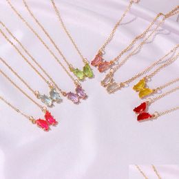 Pendant Necklaces Net Red Ins Glass Wind Crystal Butterfly Necklace Korean Version Of Super Fairy Fantasy Transparent Stained Drop D Dhgmr