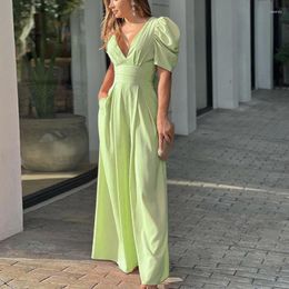 Casual Dresses Women Fashion V-Neck Jumpsuit 2023 Madam High-End Sexy Solid Color Backless Waist Type Hollow Back Bubble Sleeves Bodysuit