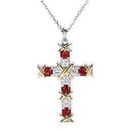 Simple Ruby Diamond Cross Pendant Real 925 Sterling Silver Party Wedding Pendants Necklace For Women men moissanite Jewellery Gift174l