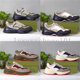 Top Brand Designer Casual Shoes Rhyton Multicolor Women Mens Sneakers Trainers Vintage Genuine Leather Chaussures Shoe Increase Platform Leisure Sneaker Box 35-46