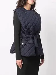 Women's Jackets Diamond Plaid Warm Vest Coat 2023 Autumn Winter Waist Lace-Up Female Round Collar Sleeveless Zipper Jacket