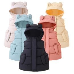 Waistcoat 1-7Y Toddler Kids Hooded Waistcoats Solid Children Cotton Padded Warm Vests Baby Boys Girls Sleeveless Jackets Insulated Clothes 231204