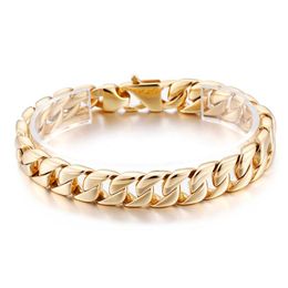 23cm 9 inch 12mm Gold-Plated Chain Bracelet Fashion Stainless Steel Cuban curb Link Chain Bangle Women Mens Jewlery166d
