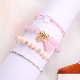 Charm Bracelets Mtilayer Bracelets Bohemian Pink Crystal Beads For Women Jewellery Gifts Vintage Heart Tassel Bracelet Bangles Drop Deli Dh5Vl