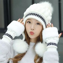 Beanies Ladies Winter Beanie Hat Thick Warm Vintage Double Pom Fur Women Knitted Bobble Cap Outdoor Casual Ski