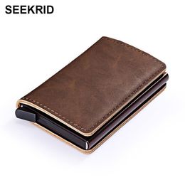 RFID Blocking Vintage Automatic Leather Credit Card Holder Men Aluminum Alloy Metal Business ID Multifunction Cardholder Thin Wall211O