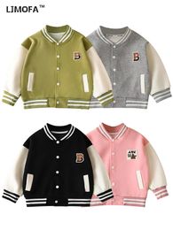 Coat LJMOFA Kids Baseball Jackets for Boys Girls Fashion Baby Spring Autumn Outerwear Button Casual Letter Coat Sportswear D443 231204