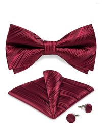 Bow Ties Red Solid Striped Men Bowtie Cufflinks Pocket Square Dress Set Wedding Groom Pre-tied Tie Silk Business Butterfly Knots Gift