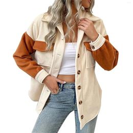 Women's Jackets Elegant Lapel Fleece Jacket For Women Colour Block Loose Long Sleeve Winter Warm Single Breasted Outerwear Casual Coat